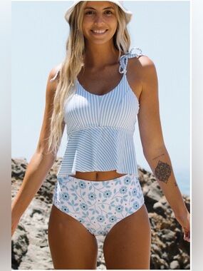 Beachsissi Sz L Blue Striped Tankini Top & Floral High-Waist Bottoms NWTs